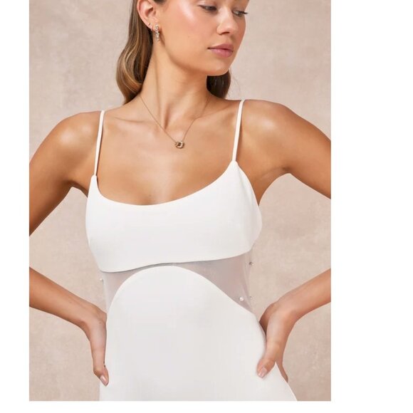 Lulus Euphoric Eloquence White Sheer Mesh Pearl Sleeveless Maxi Dress XS NWOT - Picture 3 of 5
